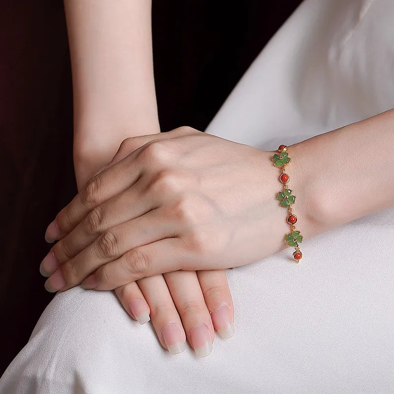 Bracelet Jade Trèfle "Fleur de Fortune" Argent Doré Or