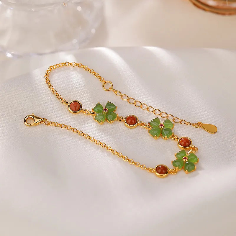 Bracelet Jade Trèfle "Fleur de Fortune" Argent Doré Or