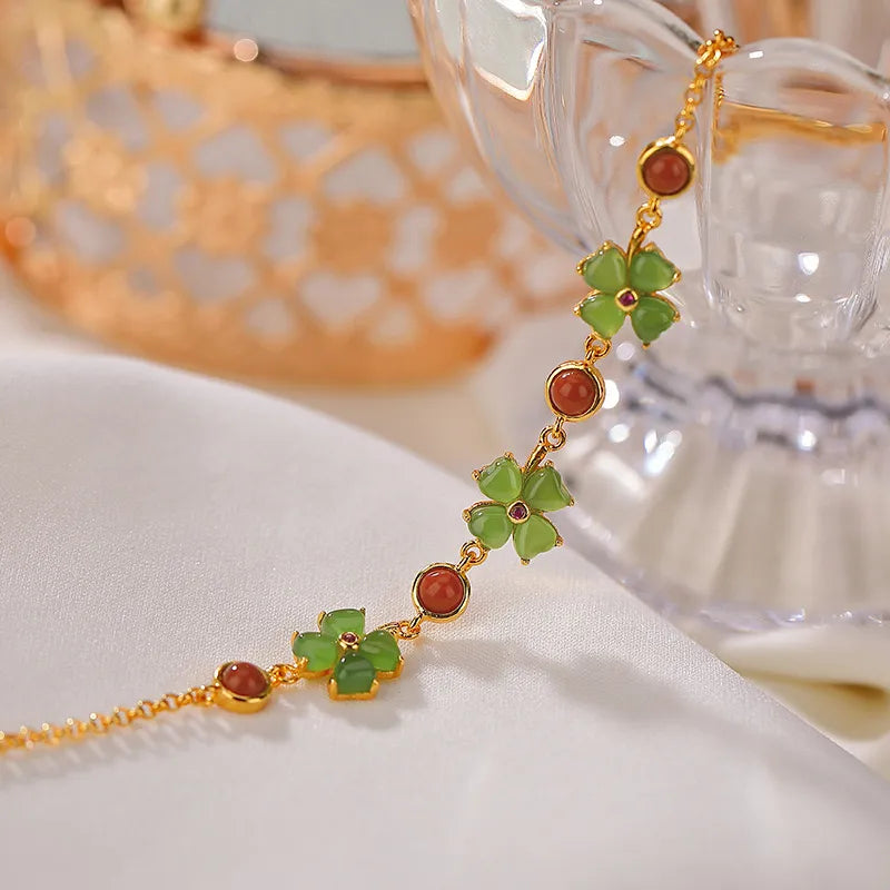 Bracelet Jade Trèfle "Fleur de Fortune" Argent Doré Or
