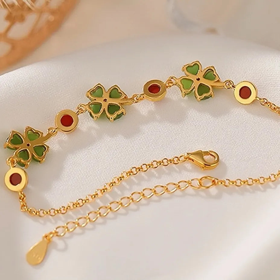 Bracelet Jade Trèfle "Fleur de Fortune" Argent Doré Or