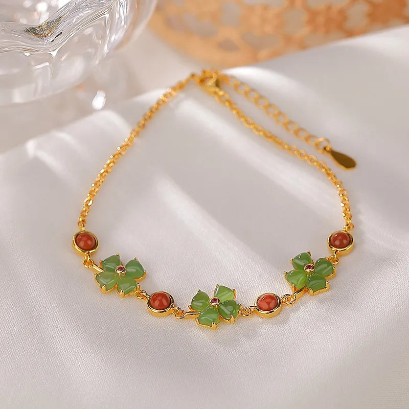 Bracelet Jade Trèfle "Fleur de Fortune" Argent Doré Or