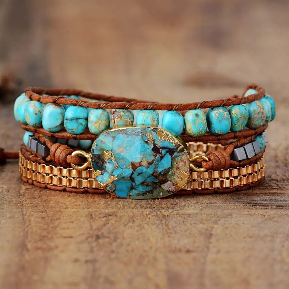 Bracelet Wrap Turquoise "Harmonie Calmante" Argent Doré Or
