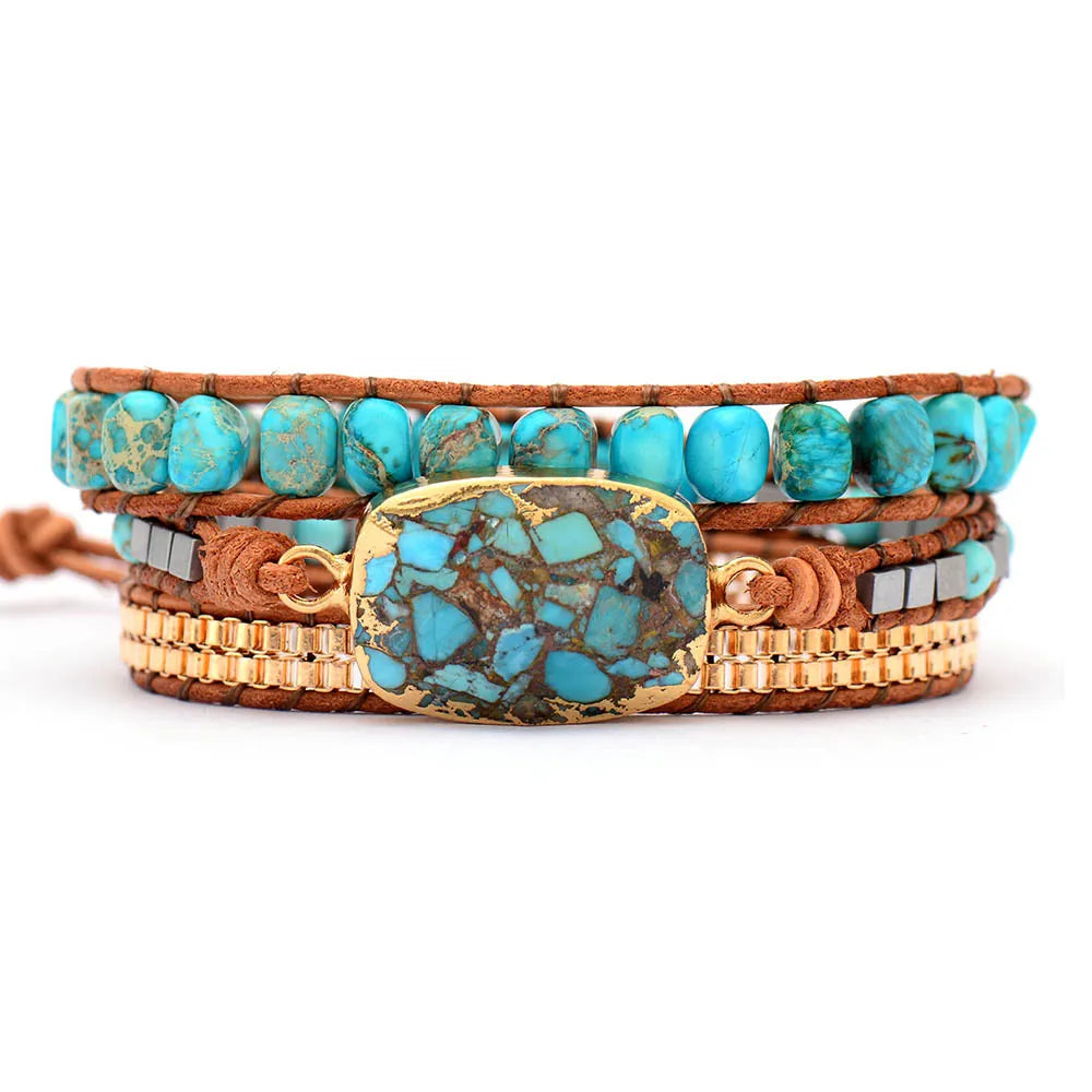 Bracelet Wrap Turquoise "Harmonie Calmante" Argent Doré Or