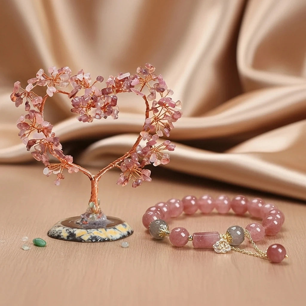 Amore - Scatola Regalo in Quarzo Rosa, Albero della Vita e Bracciale