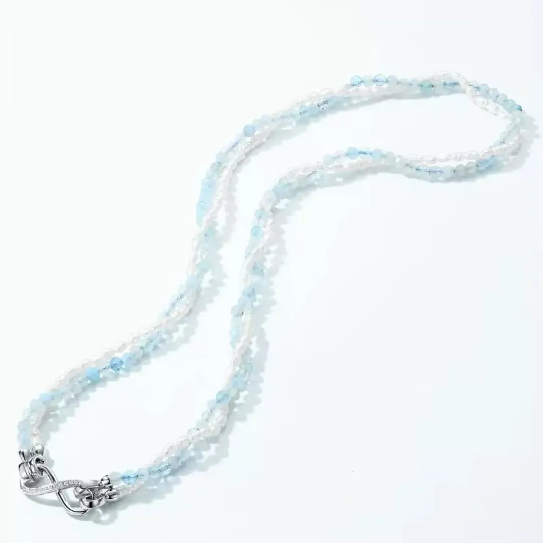 Aquamarine and Pearl Necklace "Polar Sparkle" Silver Plated Platinum