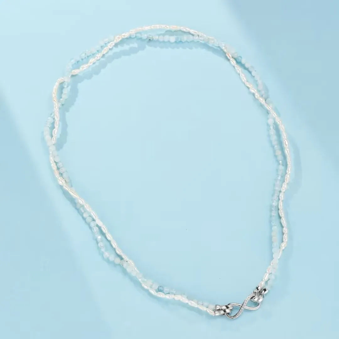 Aquamarine and Pearl Necklace "Polar Sparkle" Silver Plated Platinum