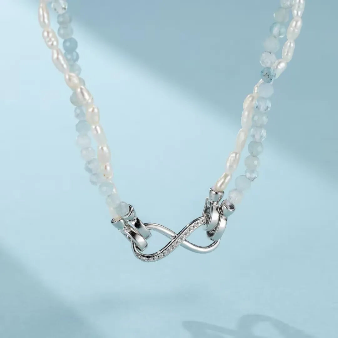 Aquamarine and Pearl Necklace "Polar Sparkle" Silver Plated Platinum