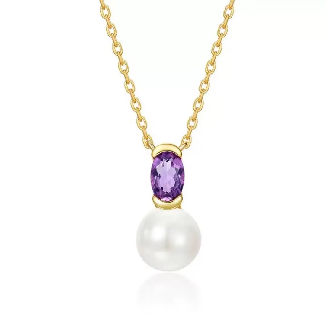 Amethyst- und Perlenhalskette "Reflexionen der Eleganz" vergoldet Silber