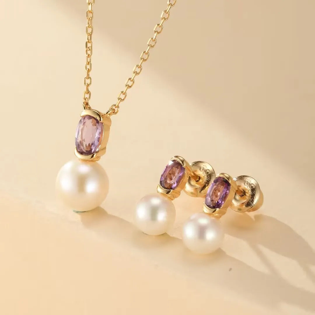Amethyst- und Perlenhalskette "Reflexionen der Eleganz" vergoldet Silber