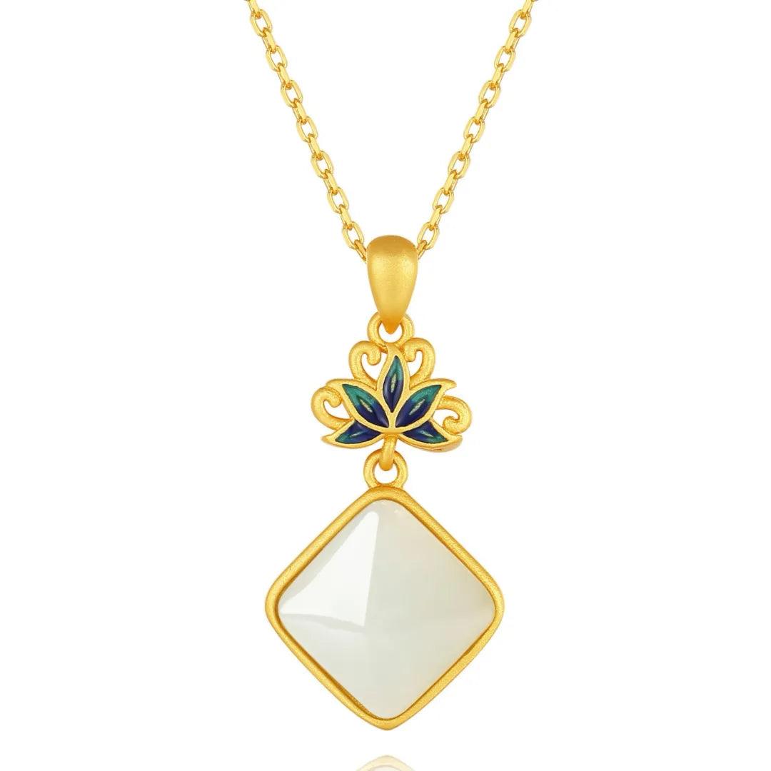 Collier Jade Blanc "Lotus Céleste" Argent Doré Or