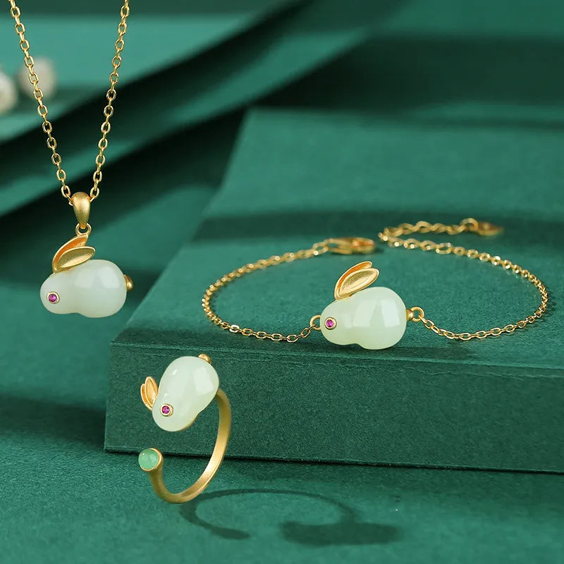 Collier Jade "Lapin Doux" Argent Doré Or