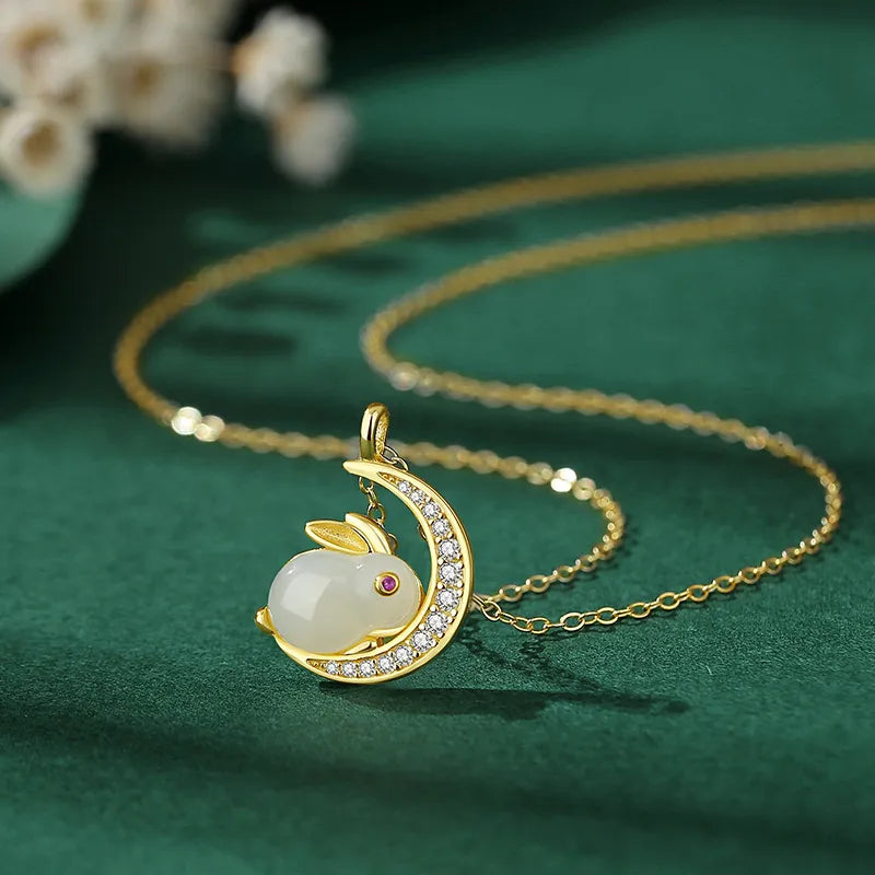 Collier Jade "Lapin Lunaire" Argent Doré Or