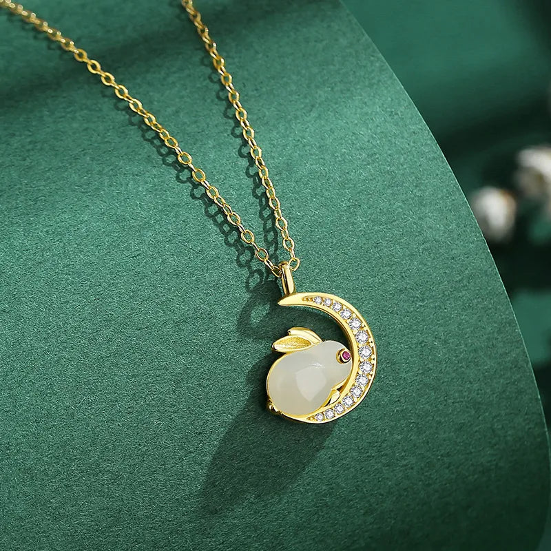 Collier Jade "Lapin Lunaire" Argent Doré Or