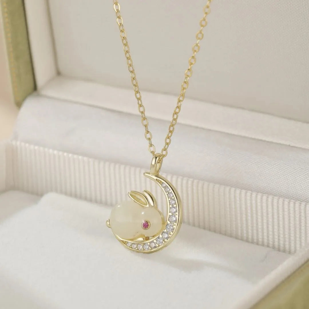 Collier Jade "Lapin Lunaire" Argent Doré Or