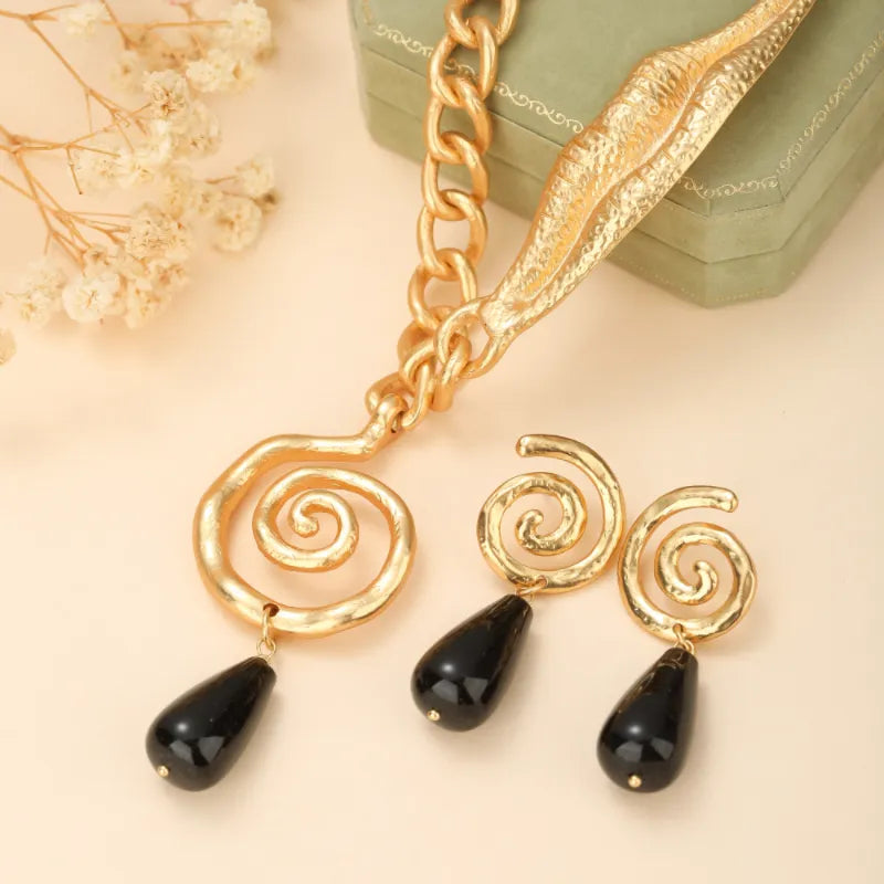 Boucles d'Oreilles Obsidienne "Spirale Éternelle" Doré Or