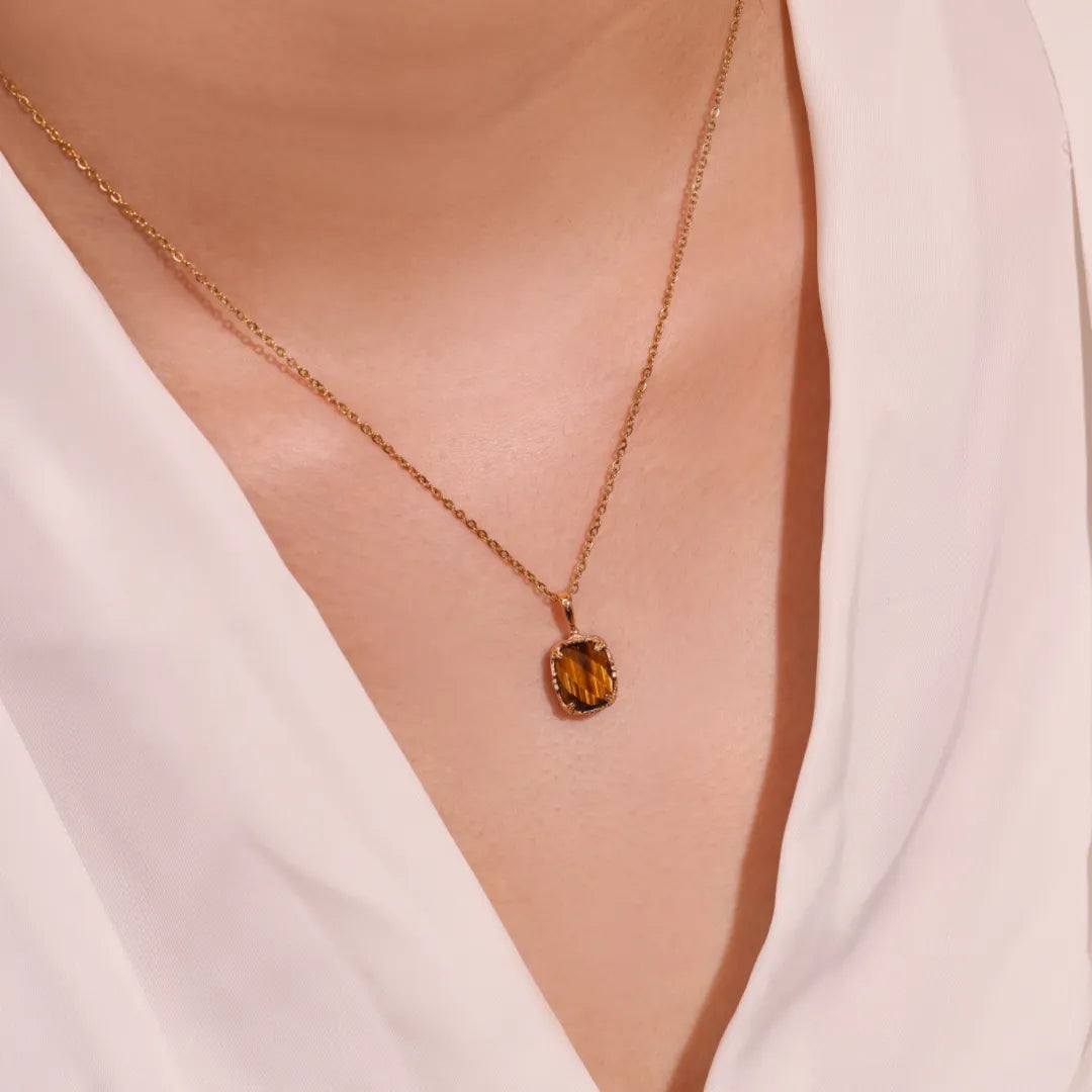 Tiger Eye and Rose Quartz Necklace "Charming Sun" Gold-Plated Silver