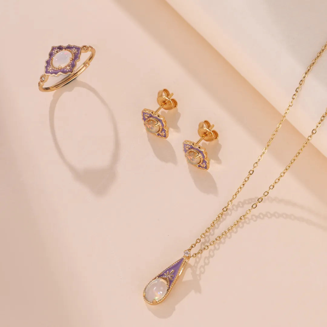 Boucles d'Oreilles Opale "Merveille Violet" Argent Doré Or