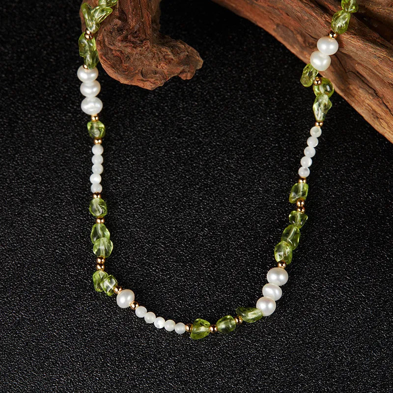 Collier Péridot, Perle et Nacre "Élégance Solaire" Argent Doré Or