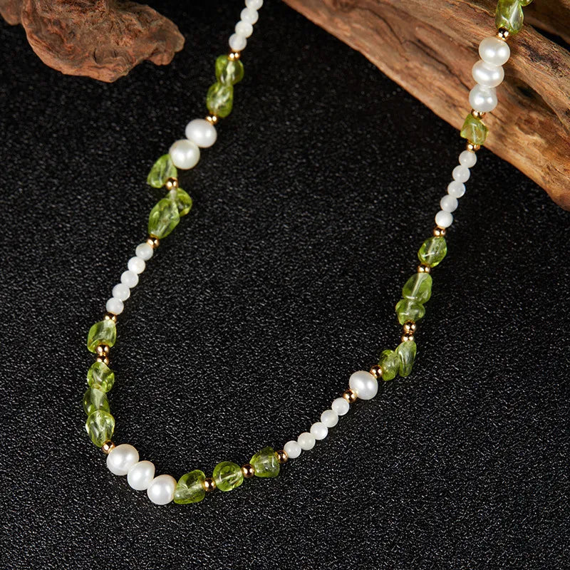 Collier Péridot, Perle et Nacre "Élégance Solaire" Argent Doré Or