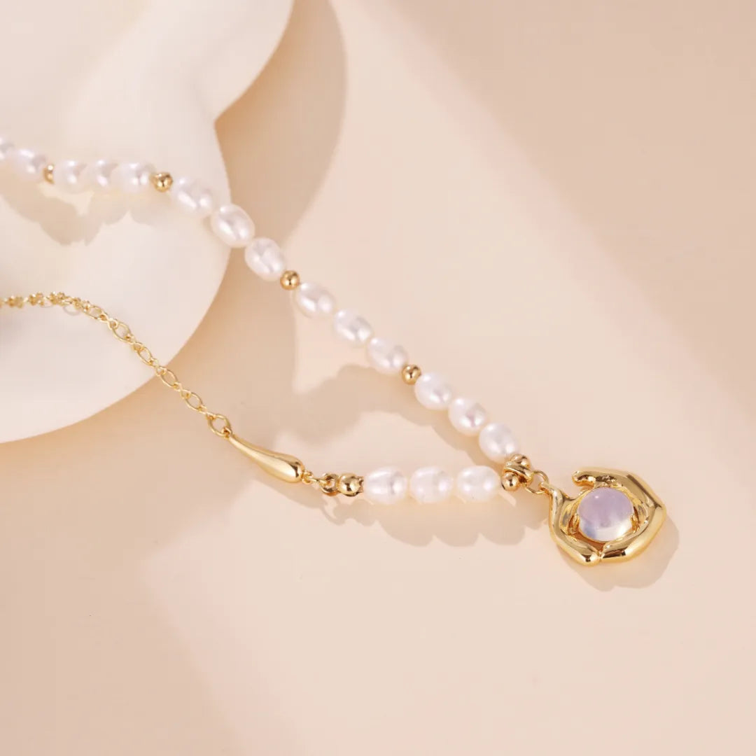 Collier Perle d'Eau Douce et Opale "Dance Marine" Doré Or