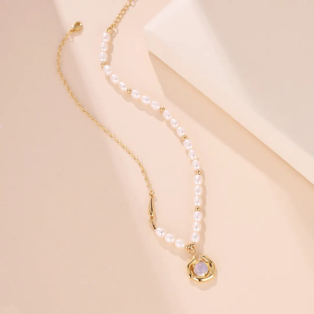 Collier Perle d'Eau Douce et Opale "Dance Marine" Doré Or