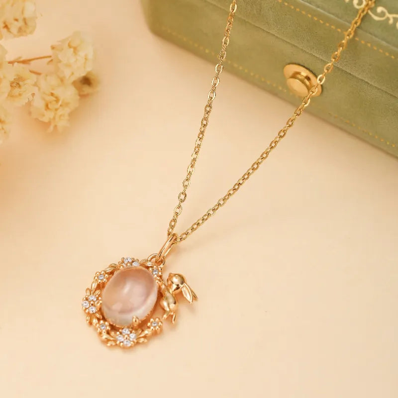Collier Quartz Rose "Jardin Enchanté" Argent Doré Or