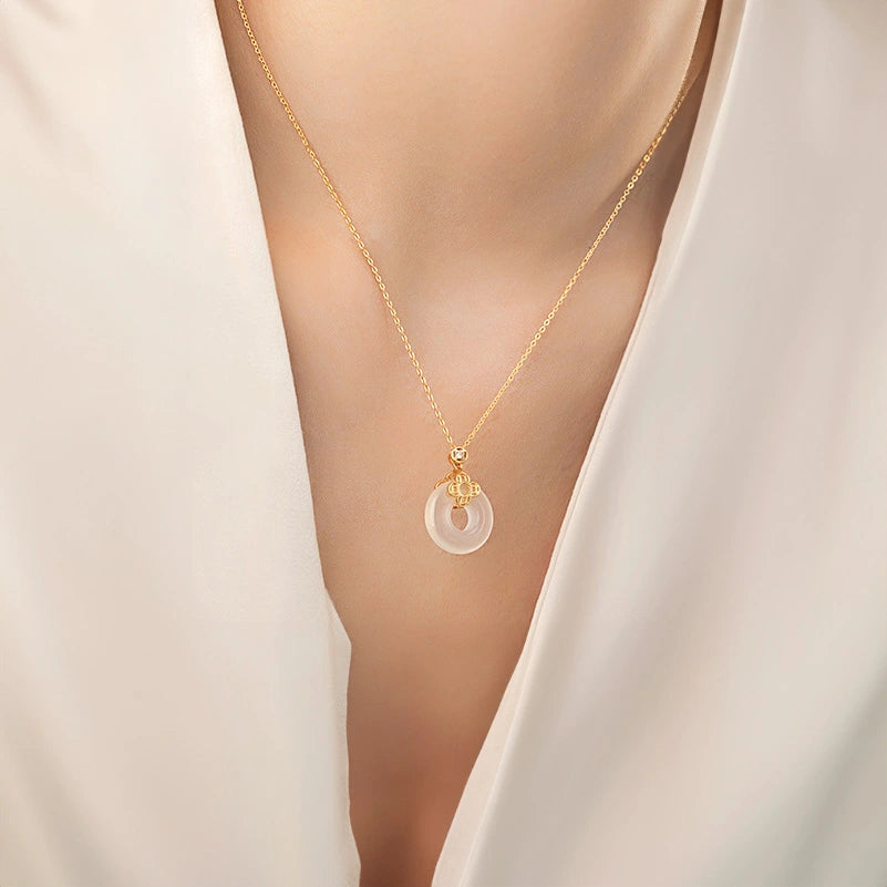 Collier Trèfle Jade "Cercle Chanceux" Argent Doré Or