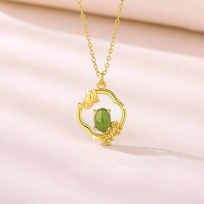 Collier Trèfle Jade "Floraison Charmante" Argent Doré Or