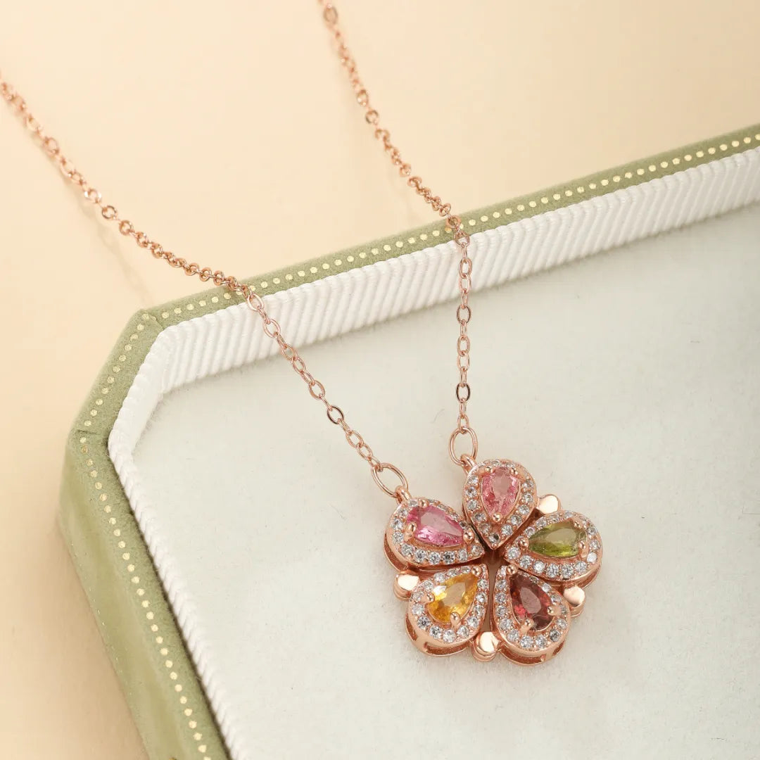 Collier Trèfle Tourmaline "Fleur Chanceuse" Argent Doré Or Rose