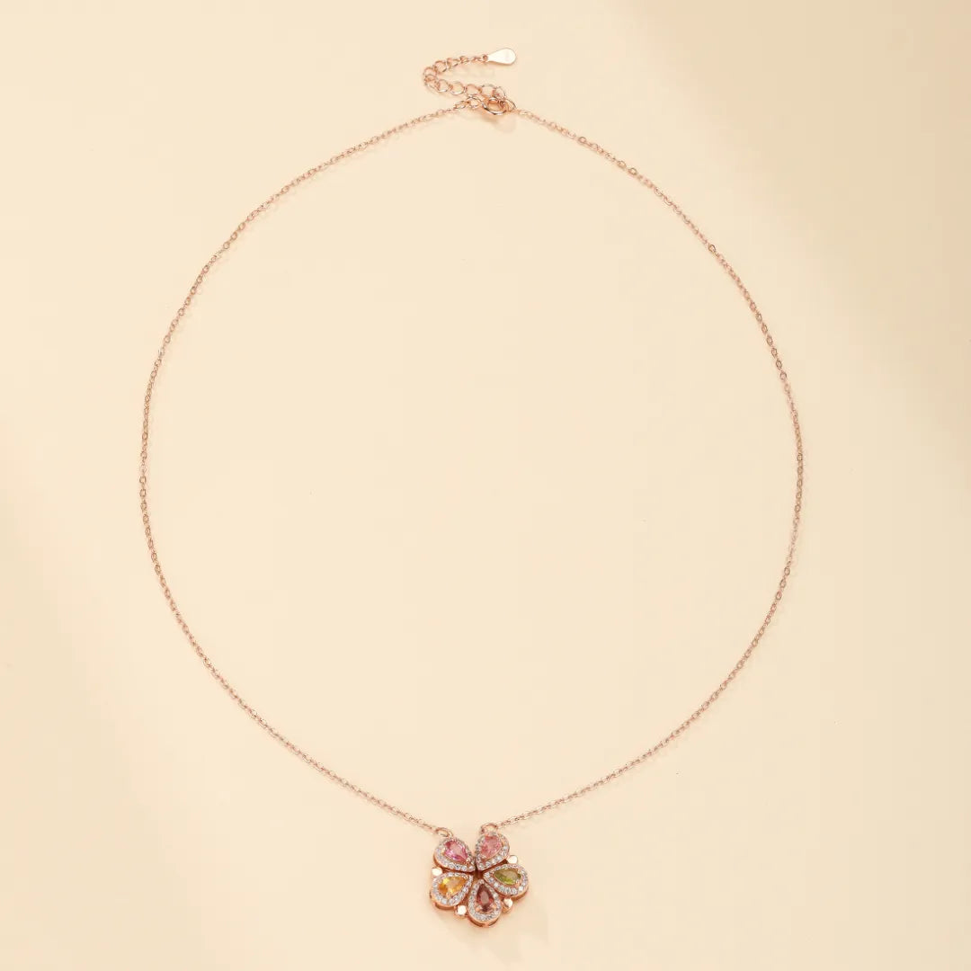 Collier Trèfle Tourmaline "Fleur Chanceuse" Argent Doré Or Rose