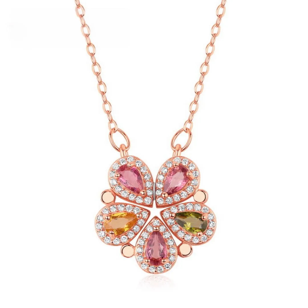 Collier Trèfle Tourmaline "Fleur Chanceuse" Argent Doré Or Rose