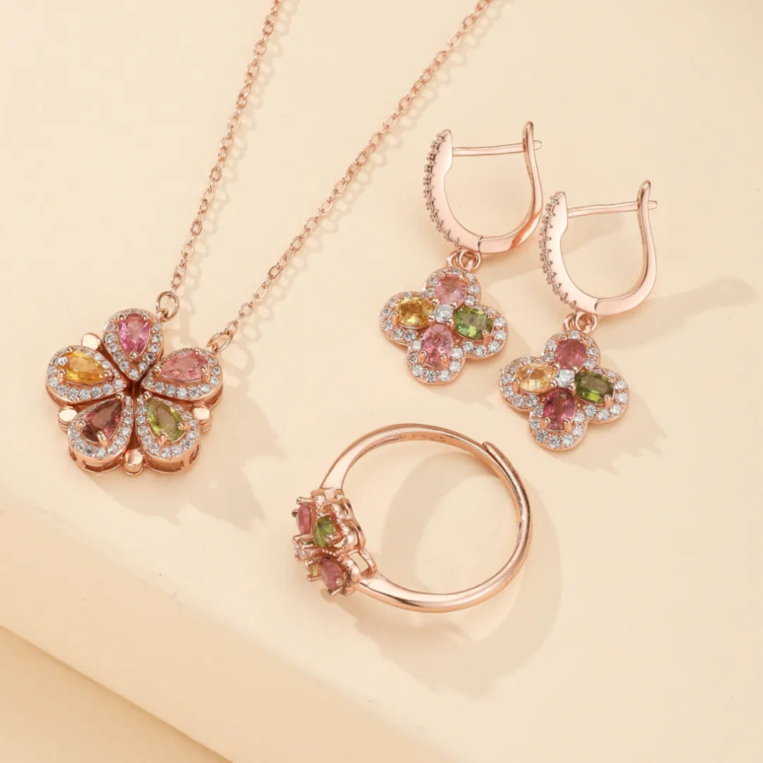 Collier Trèfle Tourmaline "Fleur Chanceuse" Argent Doré Or Rose