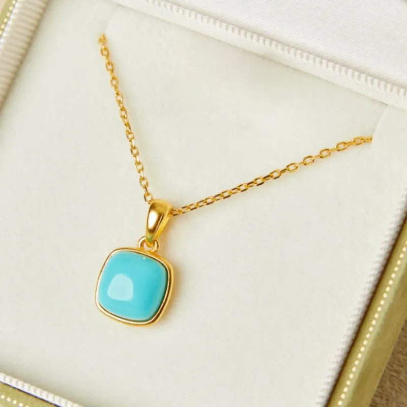 Collier Turquoise "Carré Parfait" Argent Doré Or