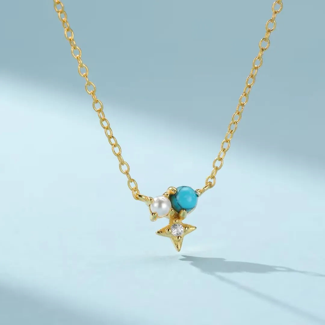 Collana Turchese e Perla "Saggezza Stellare" Argento Dorato Oro