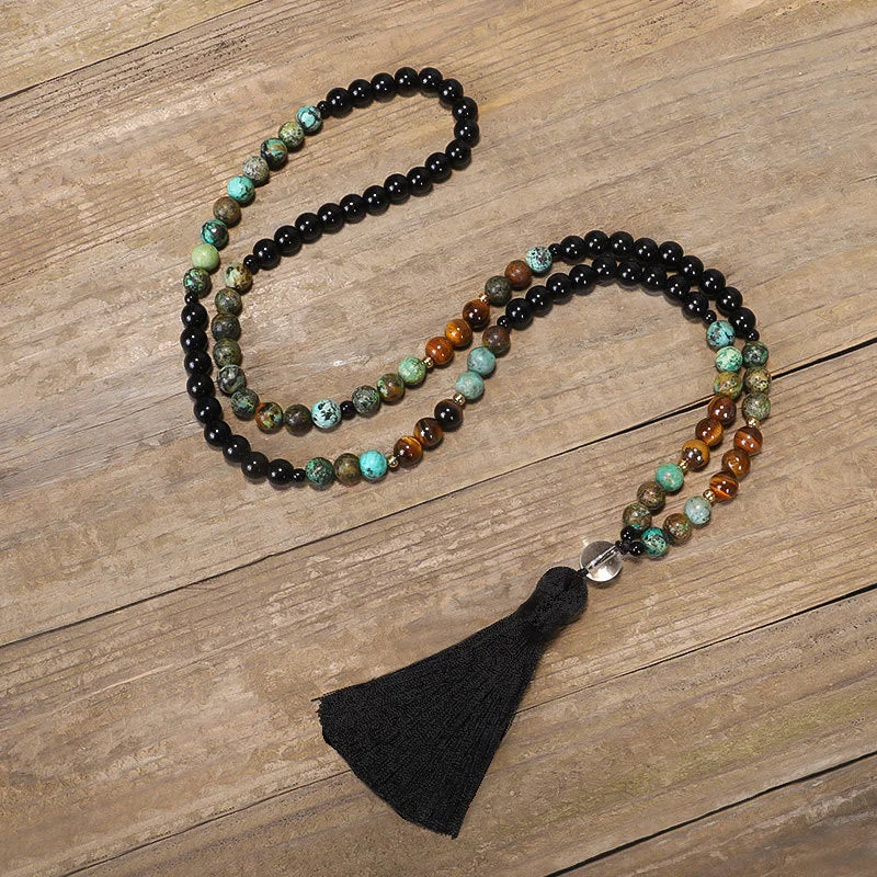 Conjunto Pulsera y Collar Mala Obsidiana y Ojo de Tigre "Amuleto de Protección"