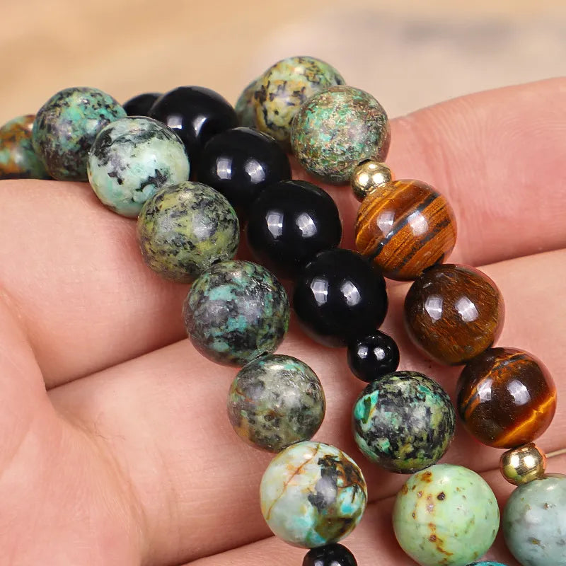 Conjunto Pulsera y Collar Mala Obsidiana y Ojo de Tigre "Amuleto de Protección"