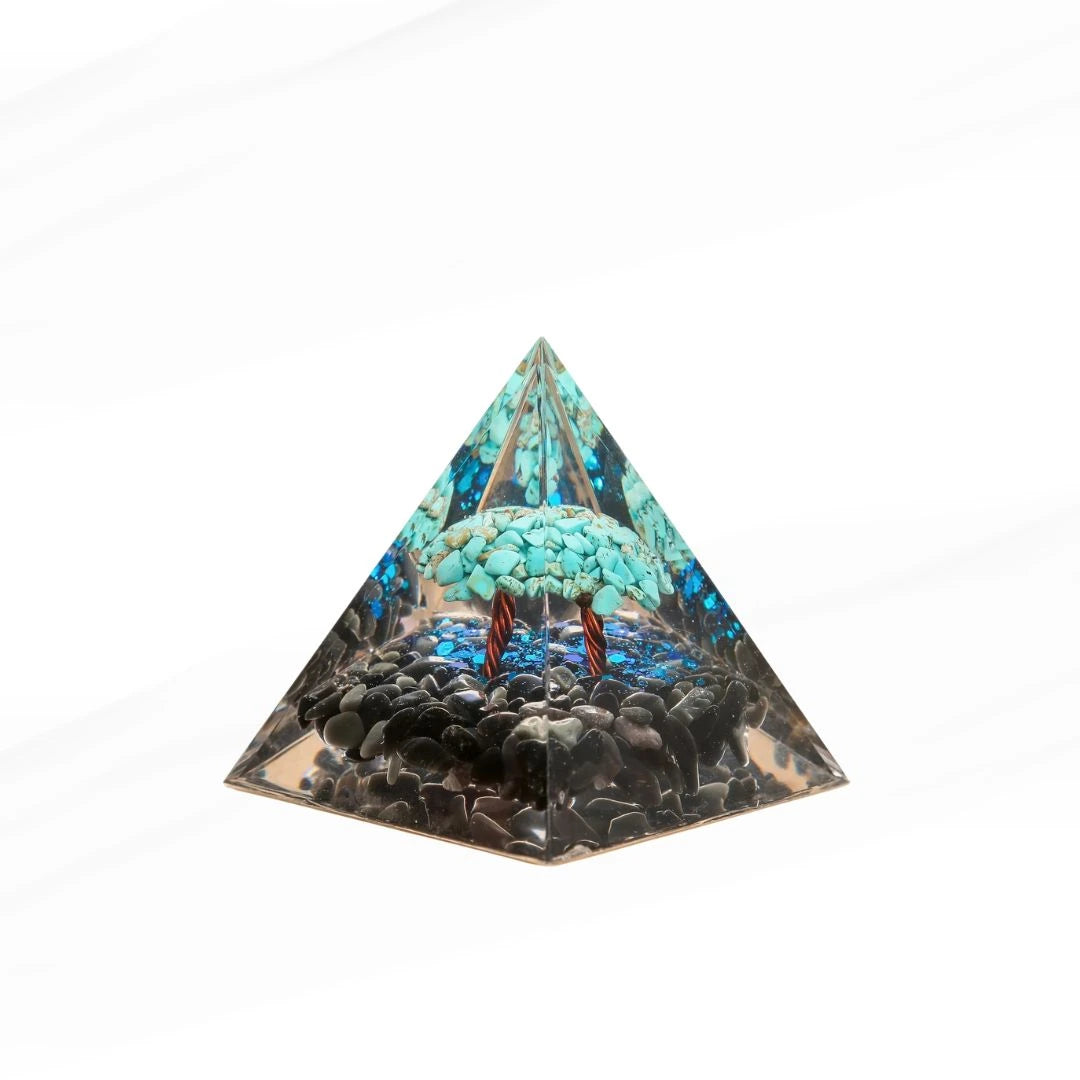 Force Céleste - Pyramide Orgonite Arbre de Vie en Turquoise et Obsidienne