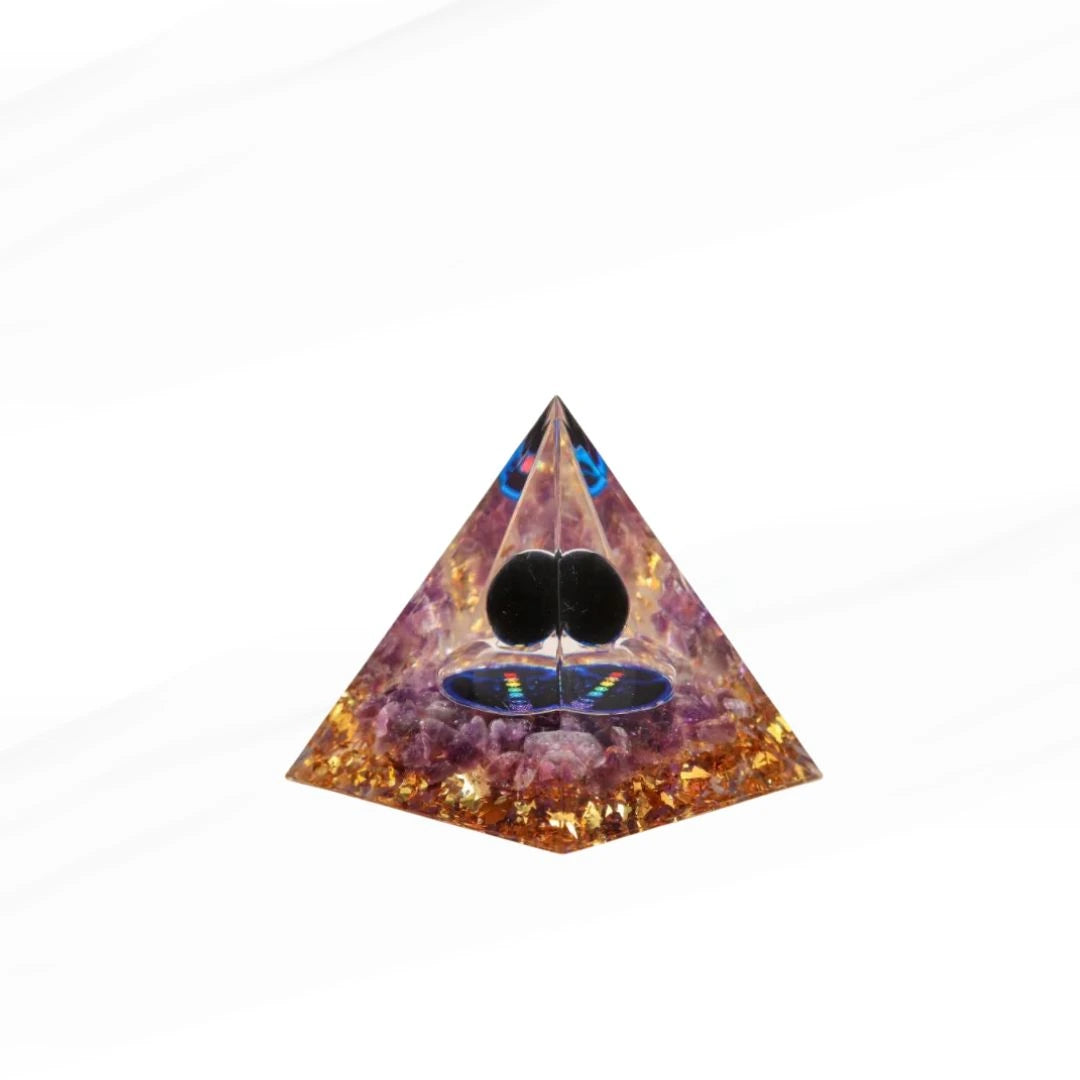 Armonía y Sabiduría - Pirámide Orgonita 7 Chakras en Amatista y Obsidiana