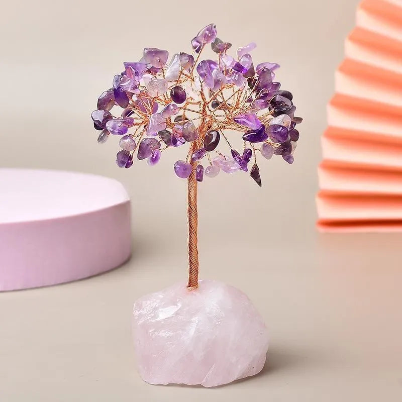 Joie de Vivre – Arbre de Vie en Améthyste avec Base en Quartz Rose