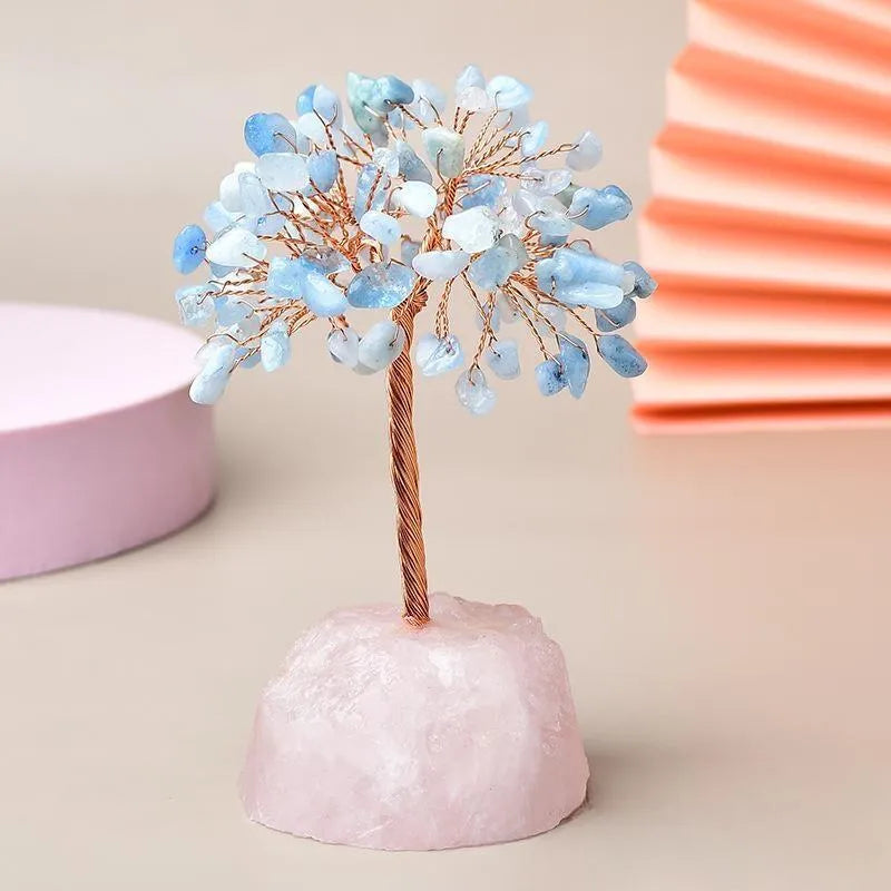 Joie de Vivre – Arbre de Vie en Aigue Marine et Base en Quartz Rose