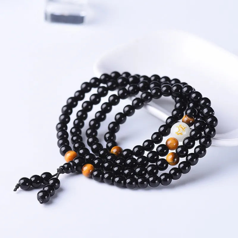 Bracelet Mala Obsidienne et Œil de tigre "Force Mentale"