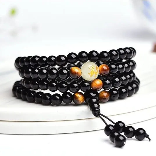 Bracelet Mala Obsidienne et Œil de tigre "Force Mentale"