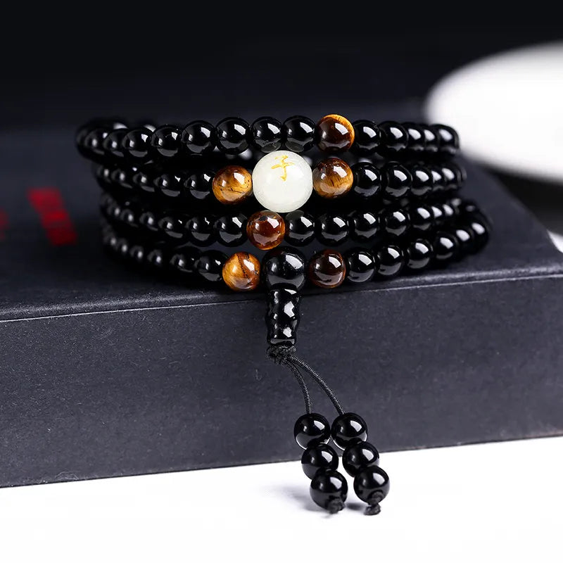 Bracelet Mala Obsidienne et Œil de tigre "Force Mentale"