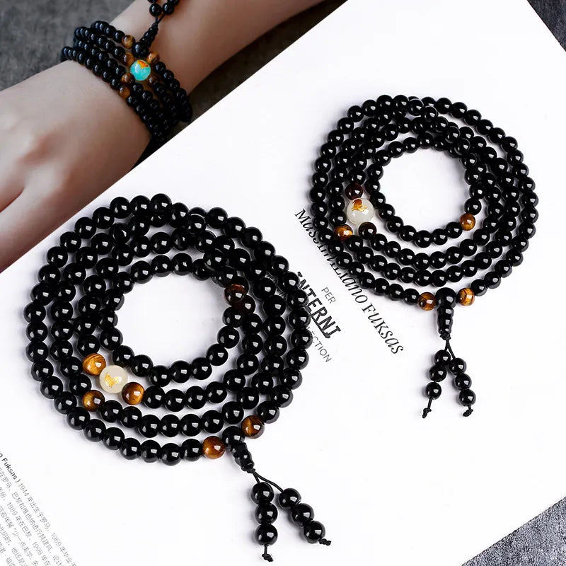 Bracelet Mala Obsidienne et Œil de tigre "Force Mentale"