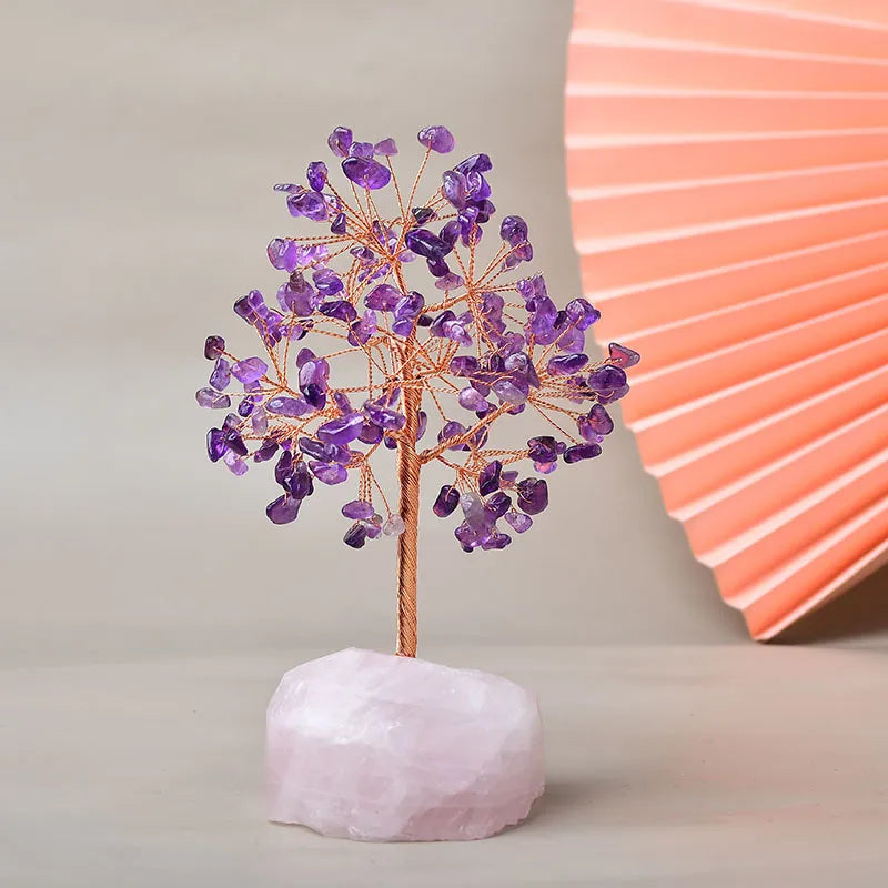 Joie de Vivre – Arbre de Vie en Améthyste avec Base en Quartz Rose