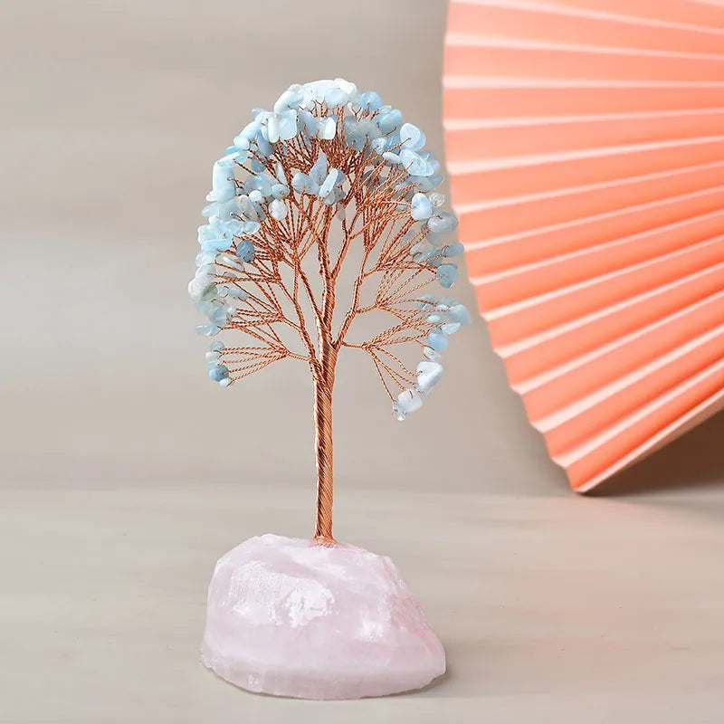 Joie de Vivre – Arbre de Vie en Aigue Marine et Base en Quartz Rose