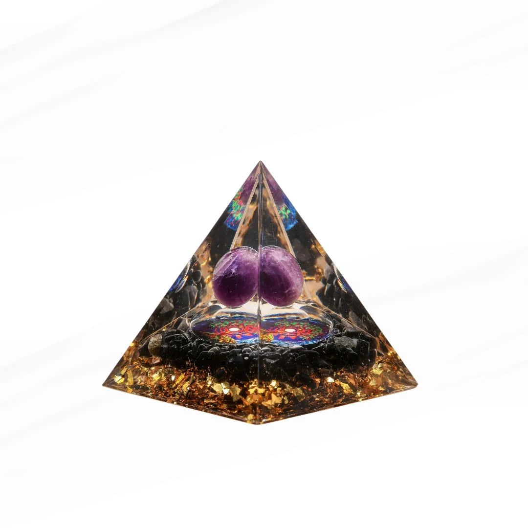 Puissance et Équilibre - Pyramide Orgonite Arbre de Vie en Améthyste et Obsidienne