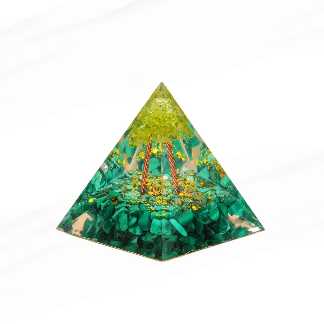 Pureté - Pyramide Orgonite Arbre de Vie en Péridot et Malachite
