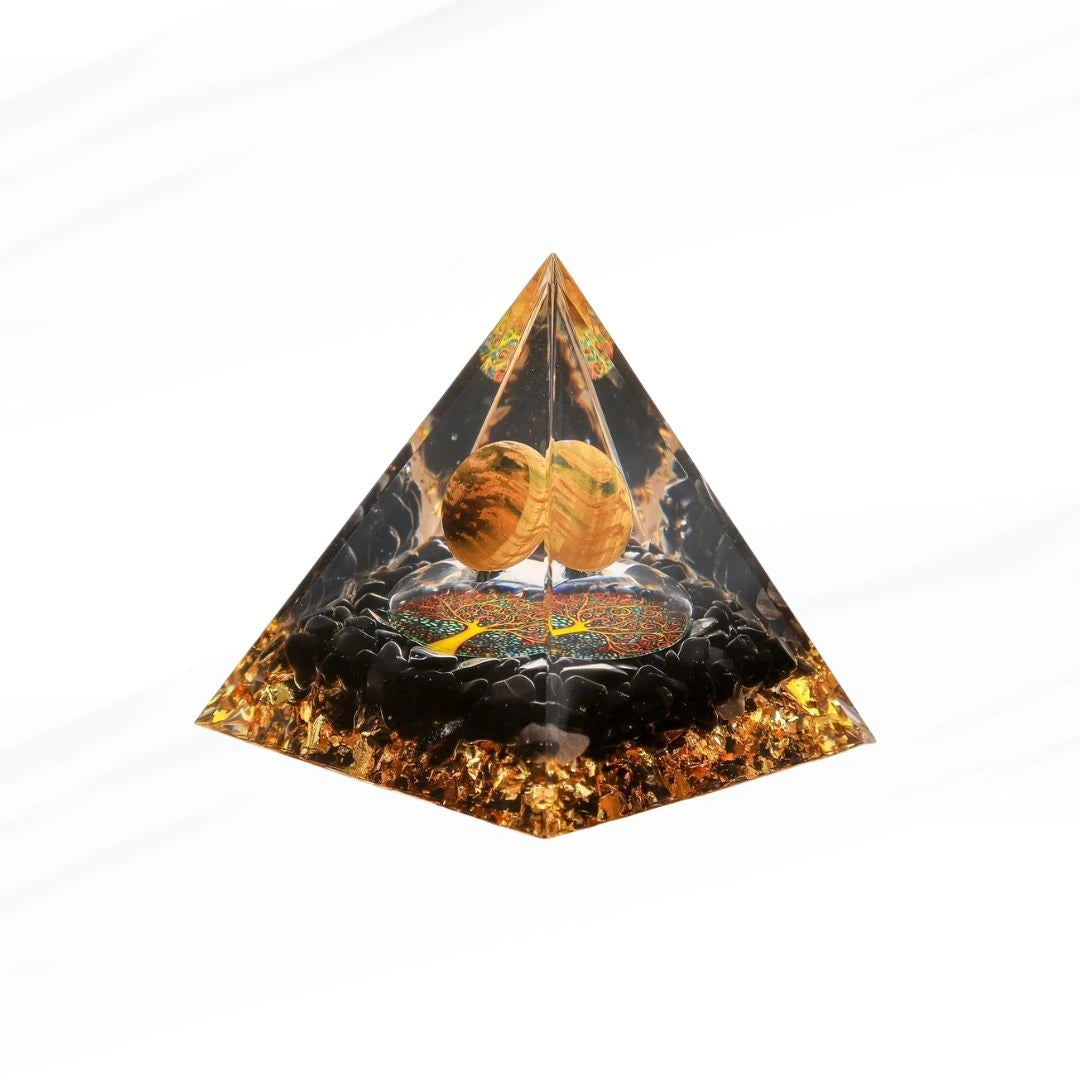Estabilidad - Pirámide Orgonita Árbol de la Vida en Ojo de Tigre y Obsidiana