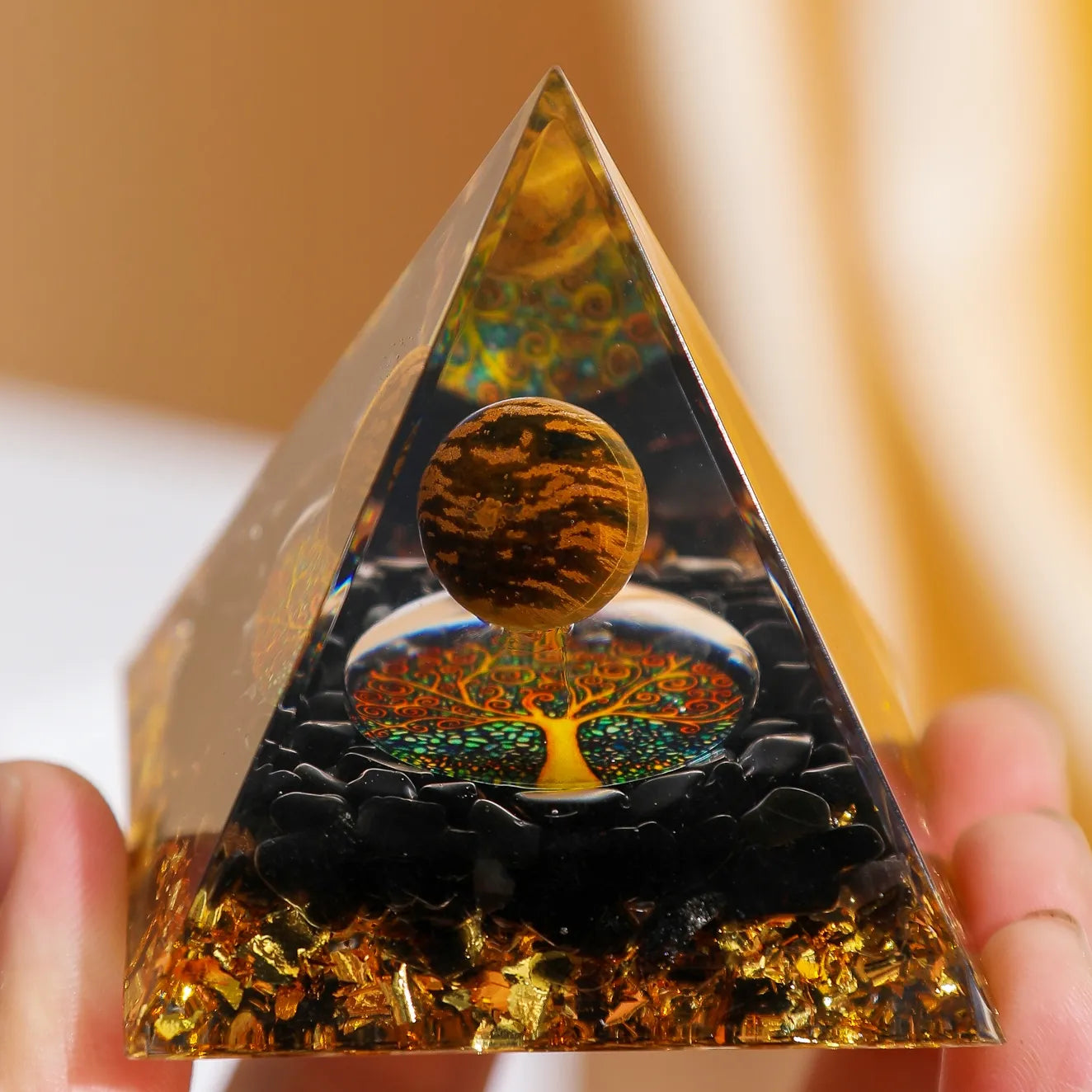 Estabilidad - Pirámide Orgonita Árbol de la Vida en Ojo de Tigre y Obsidiana
